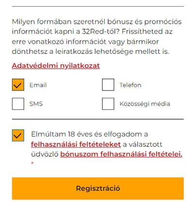 32Red regisztrációs űrlap 4