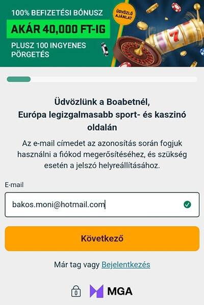 BoaBet Regisztráció - email cím megadása