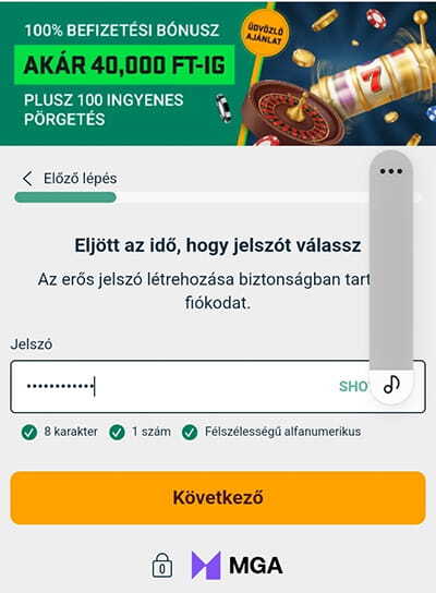 BoaBet Regisztráció - jelszó megadása