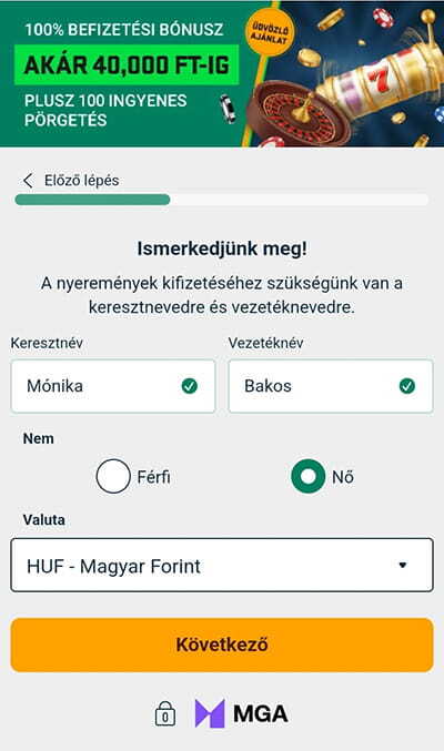 BoaBet Regisztráció - név és valutanem megadása