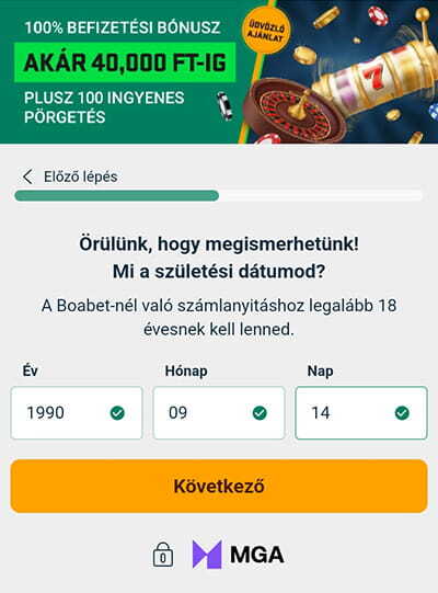 BoaBet Regisztráció - születési idő megadása
