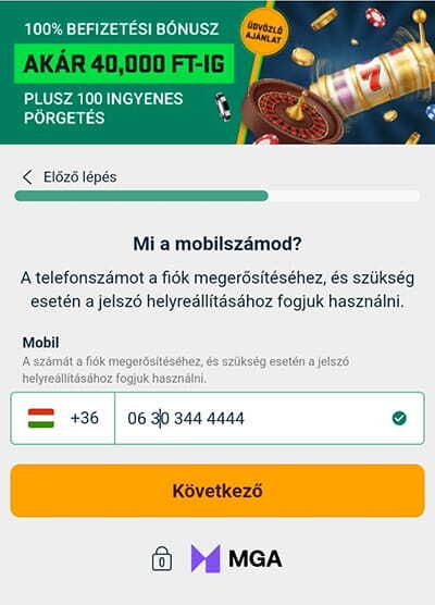 BoaBet Regisztráció - mobil telefomszám megadása