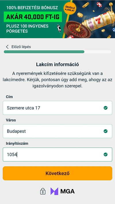 BoaBet Regisztráció - lakcím megadása