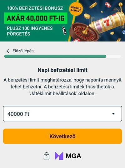 BoaBet Regisztráció - befizetési limit megadása