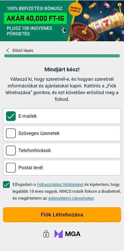 BoaBet Regisztráció - kapcsolattartási mód megadása